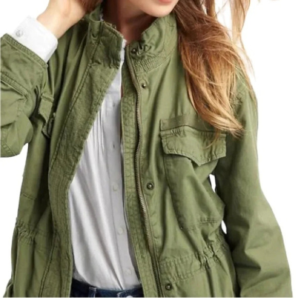 GAP Olive Green Canvas Long Field Utility Jacket Drawstring Zip Snap Army S - Picture 1 of 14
